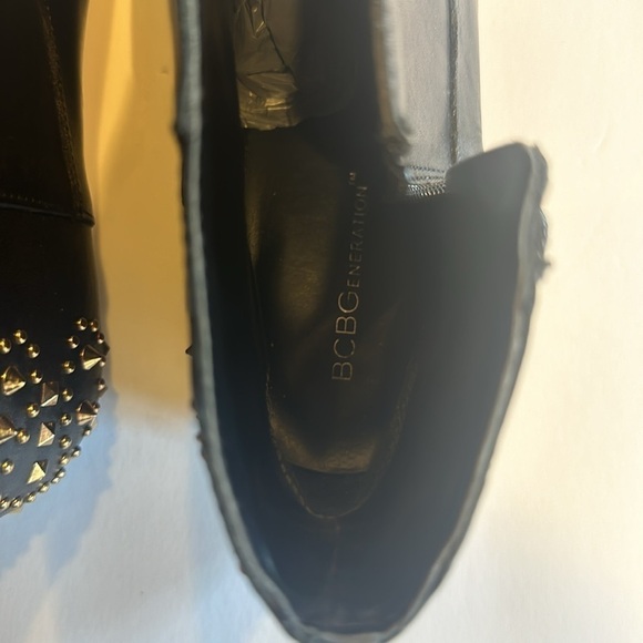 BCBG Logann ankle black booties gold dots & spikey embellishments leather upper - Picture 9 of 9